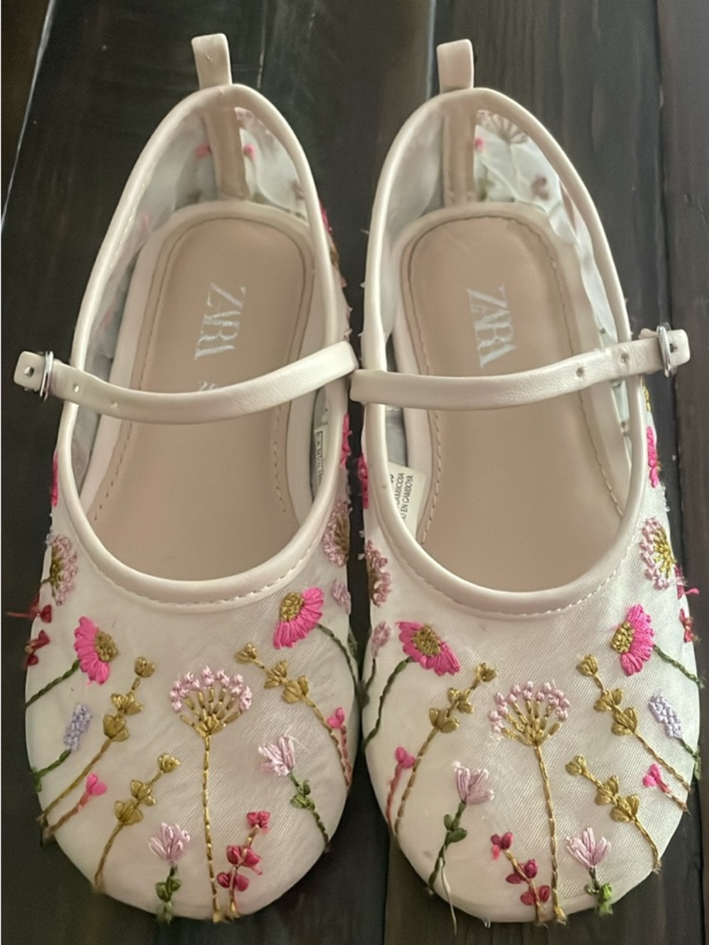 Zara White Floral Embroidered Mary Jane Shoes with Pink and Gold Accents